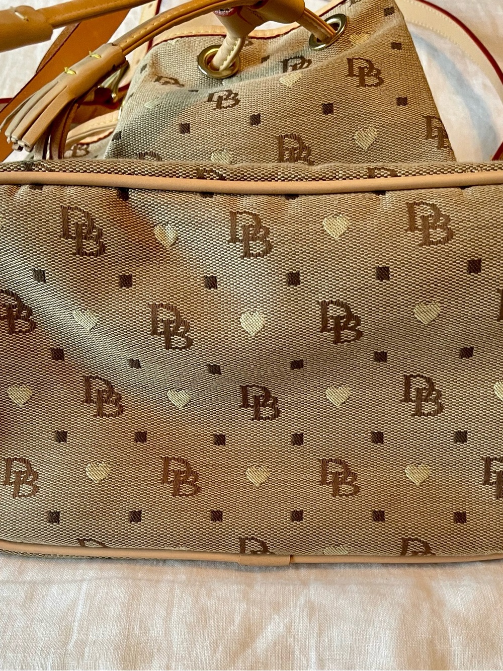 Dooney & Bourke Tan Monogram Drawstring Bucket Bag with Leather Trim - Picture 3 of 9